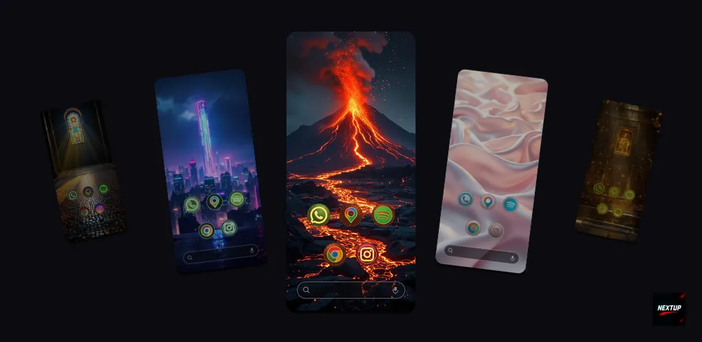 Five phones showing NextUp themes: molten, cyber city, silk, and gold
